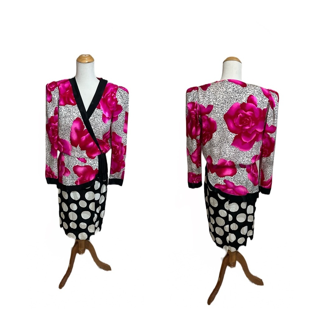 Vtg 80s Flora Kung Silk Dress Peplum Floral Polka Dot